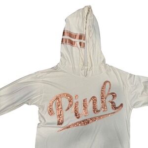 PINK Victoria's Secret Y2K Rose Gold Sequin Beige Pullover Hoodie S Baddie Bling